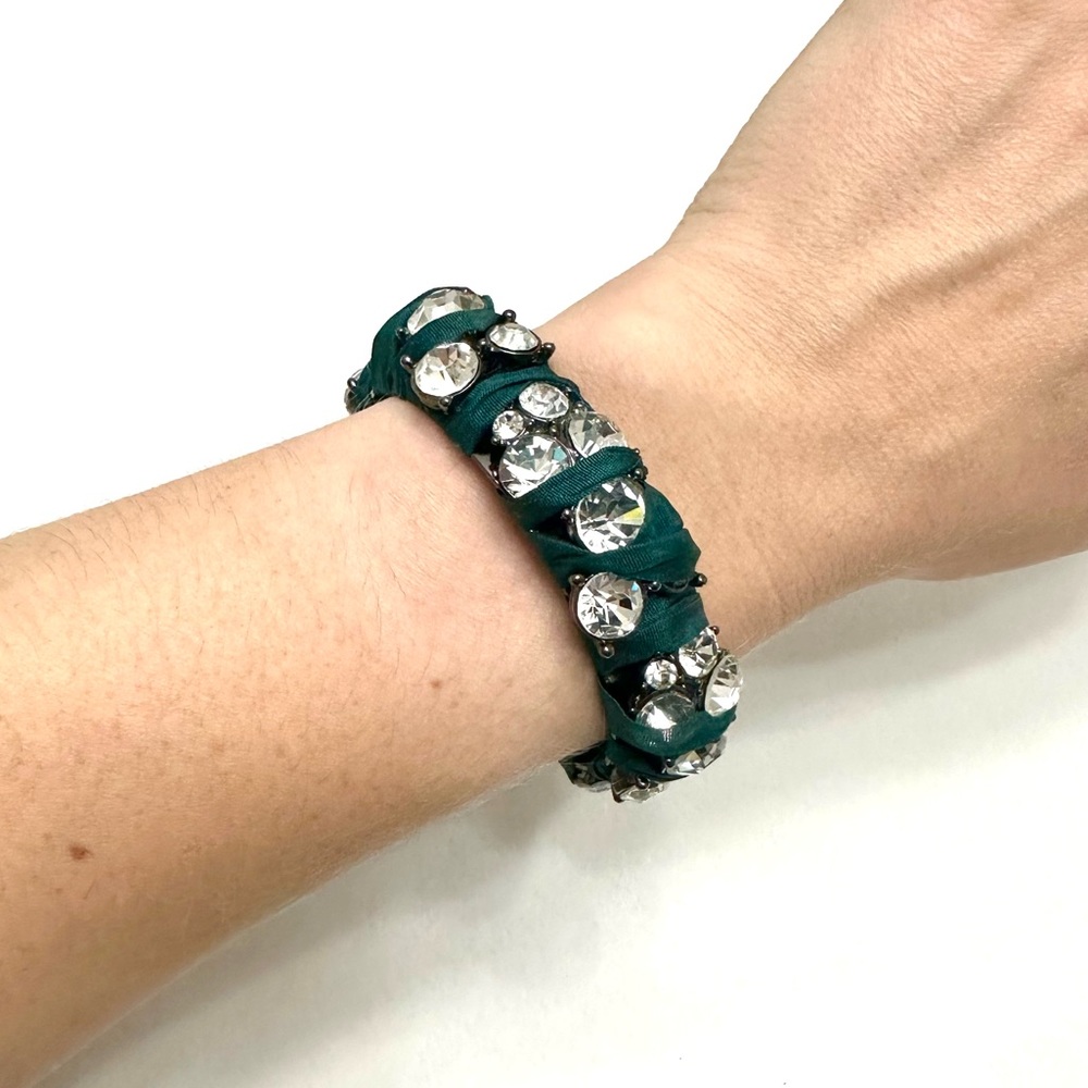J. Crew Green Ribbon Rhinestones Cuff Bracelet